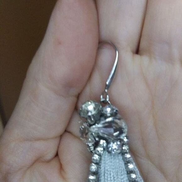 Long Grey Tassel Earrings Rhinestones Silvertone Glam Glitsy Event Party Boho - Picture 4 of 5